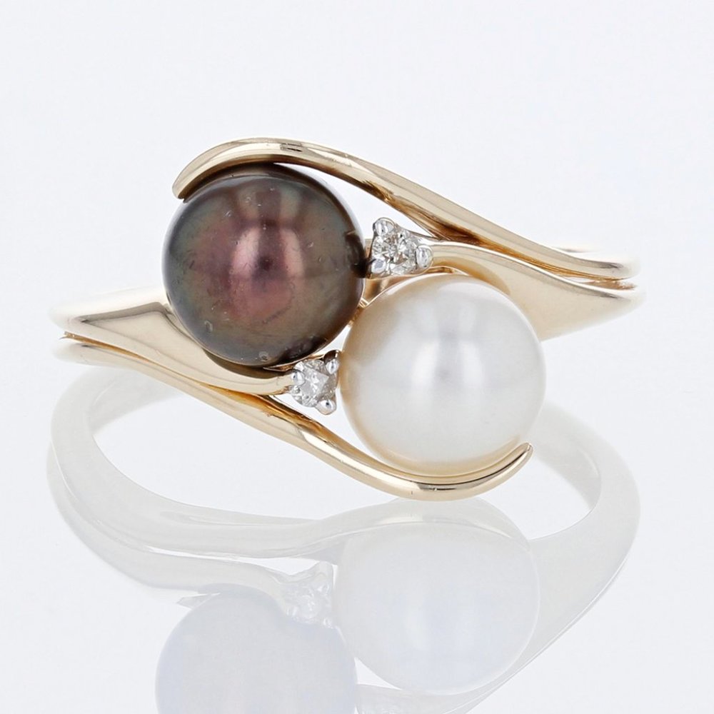 Black Tahitian & White Pearl Diamond 14K Gold Ring - Picture 1 of 5